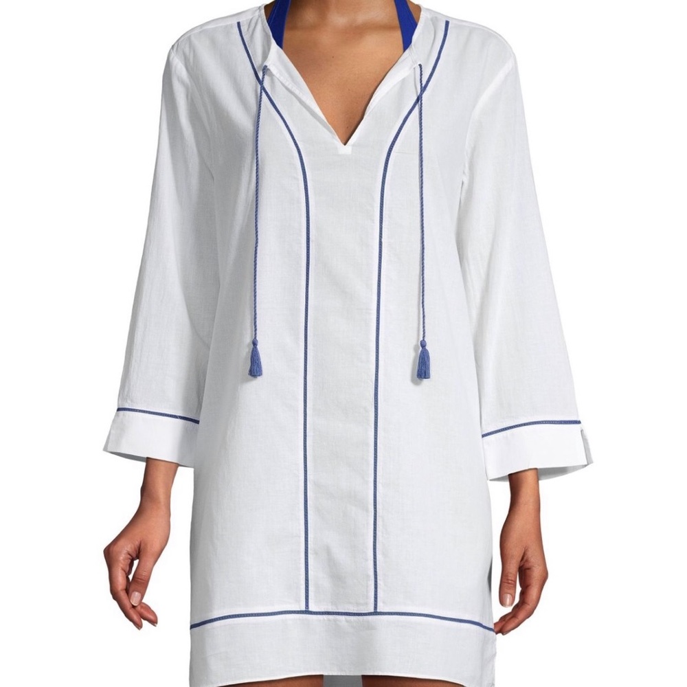 New!! Marabelle White/Navy Shirtdress Tassel Swim Coverup Size Large🤍🌊 - Picture 2 of 11